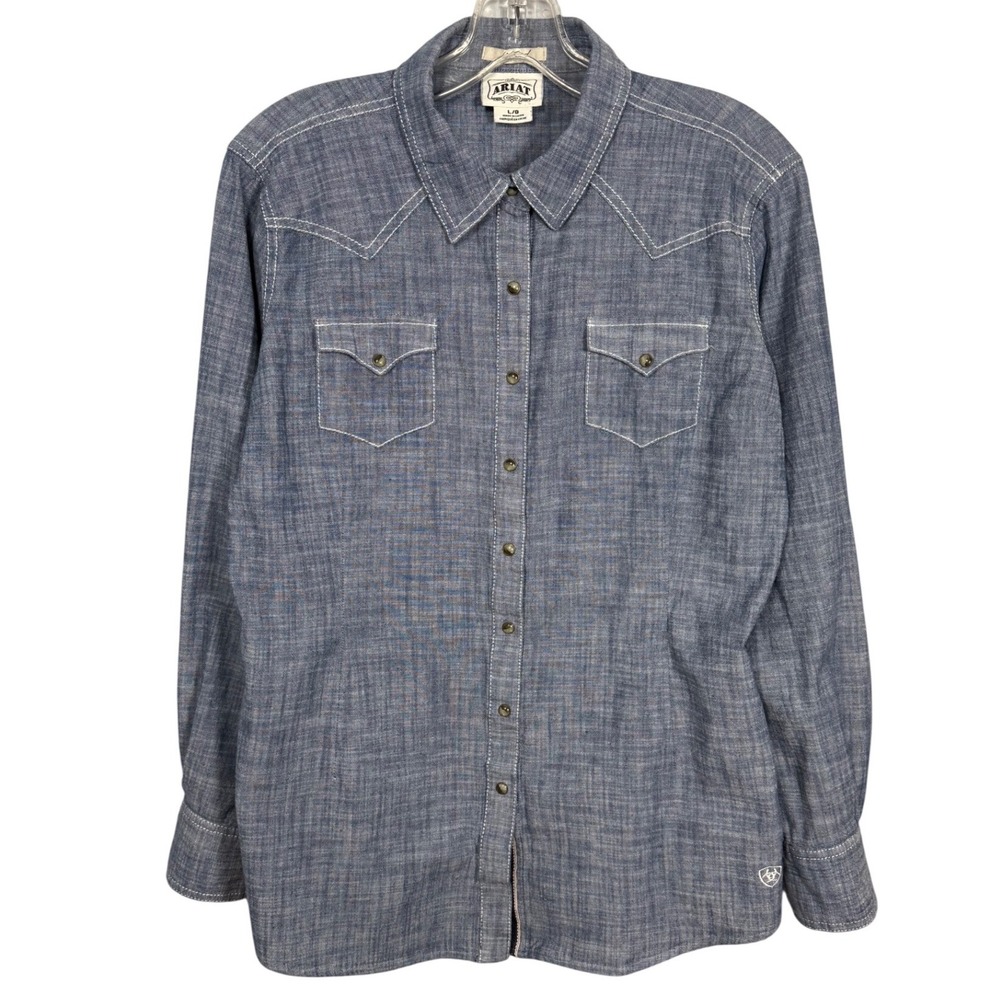 ARIAT Womens Blue Chambray Western Pearl Snap Fitted Long Sleeve Shirt Large L/G